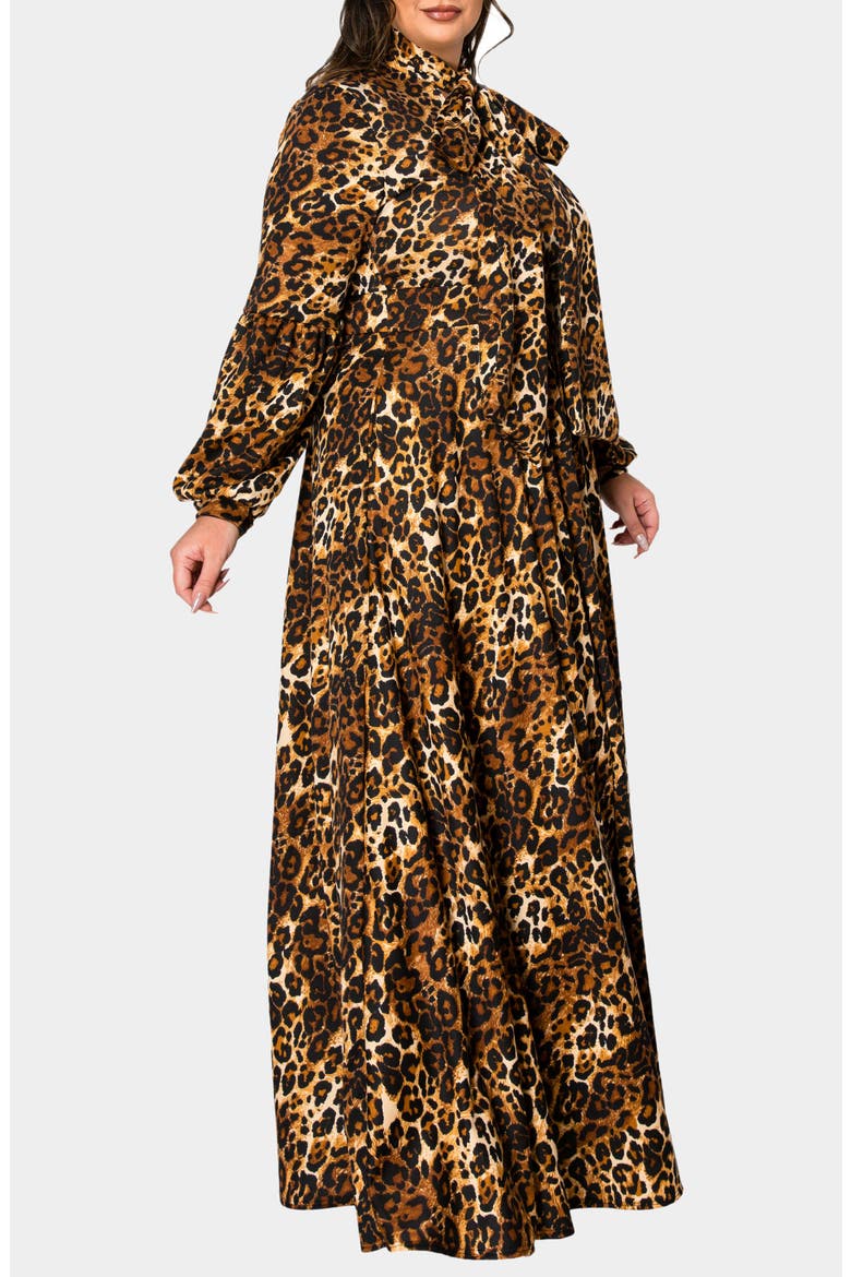 Luciana Leopard Print Tie Neck Long Sleeve Maxi Dress, Alternate, color, TAUPE