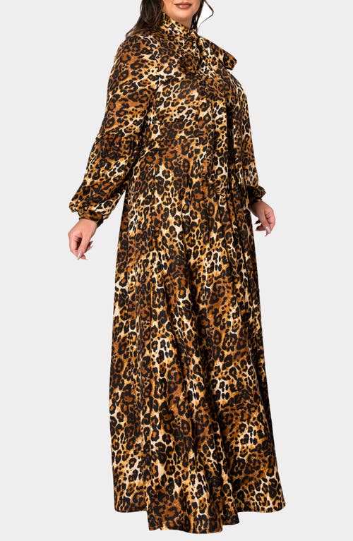 L I V D Luciana Leopard Print Tie Neck Long Sleeve Maxi Dress In Taupe