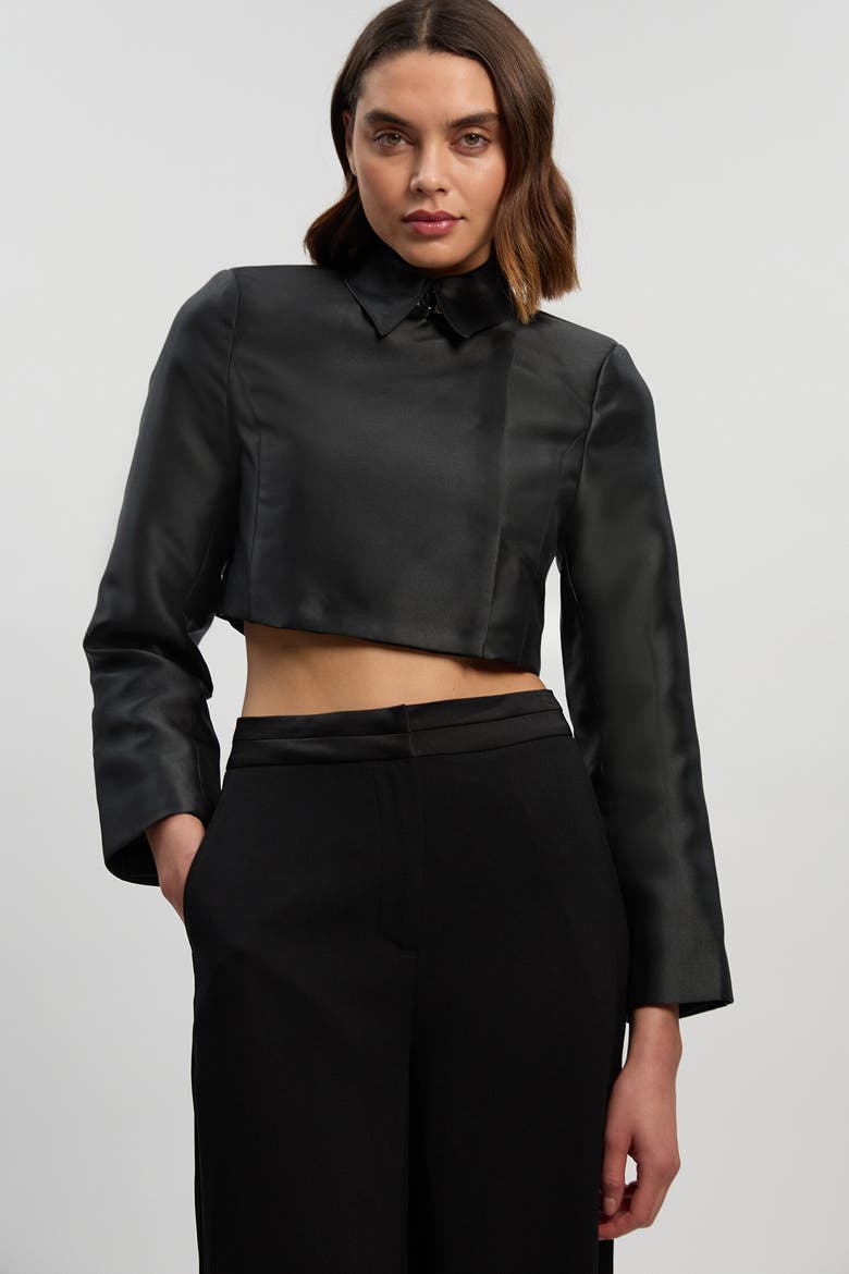Satin Twill Cropped Wrap Tailored Jacket, Main, color, Black