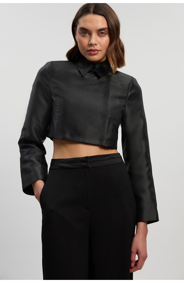 Karen Millen Satin Twill Cropped Wrap Tailored Jacket, Main, color, Black