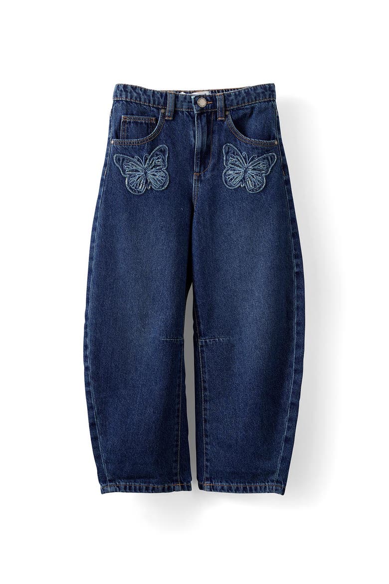 Kid's Unisex Barrel Leg Denim Jean, Main, color, Portsea Dark Blue Butterfly