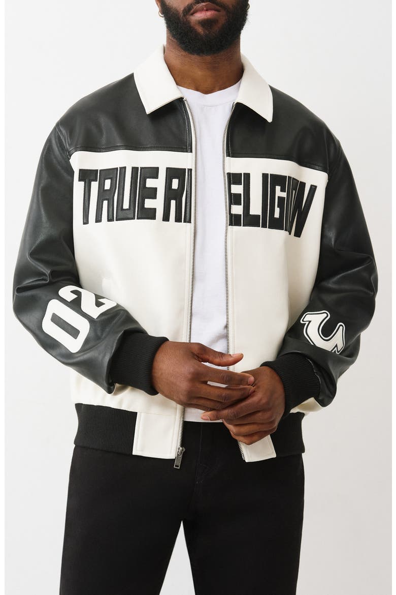 Faux Leather Racing Jacket, Main, color, JET BLACK / WINTER WHITE