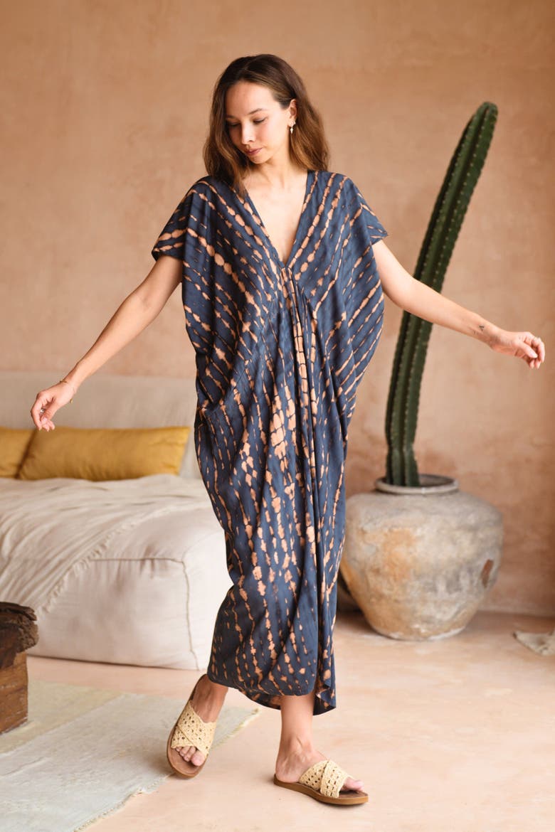 Madella Printed Kaftan Dress, Alternate, color, Deep Sea Blue