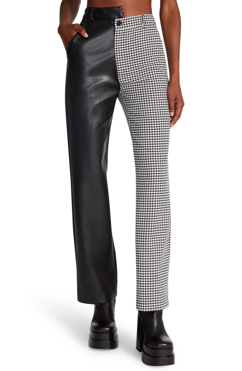 Steve Madden Mackenzie Mixed Media Faux Leather & Houndstooth Pants, Main, color,