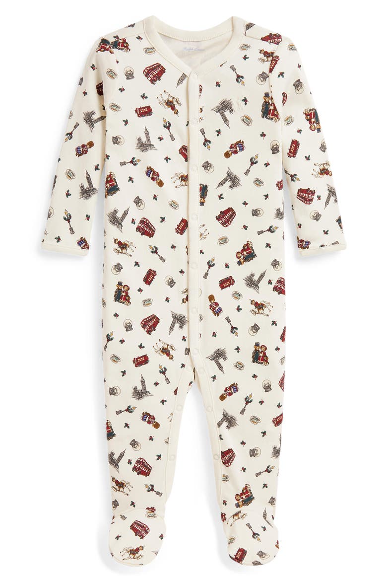 Print Interlock Cotton Footie, Main, color, WINTER BEARVILLE