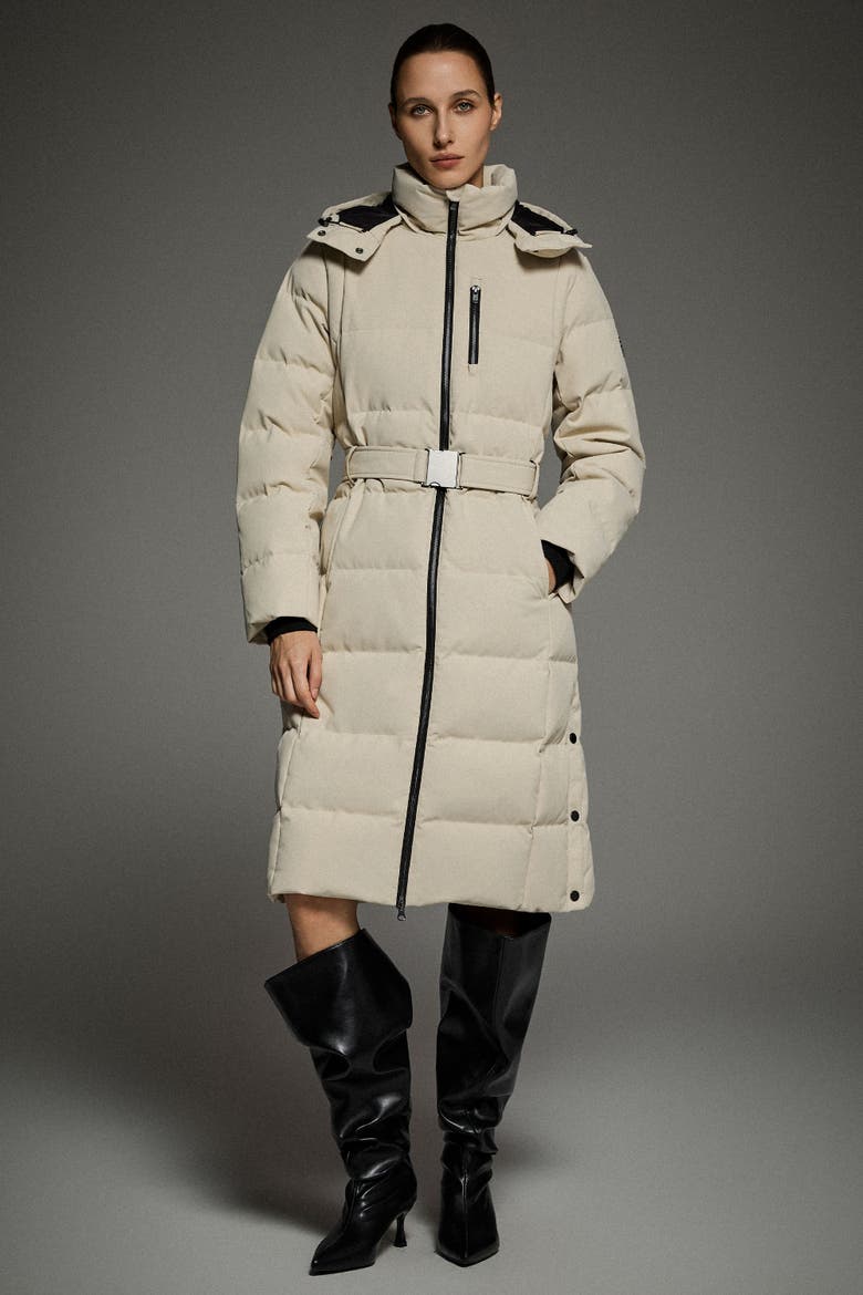 Celeste Long Hooded Belted Down Coat, Alternate, color, Beige
