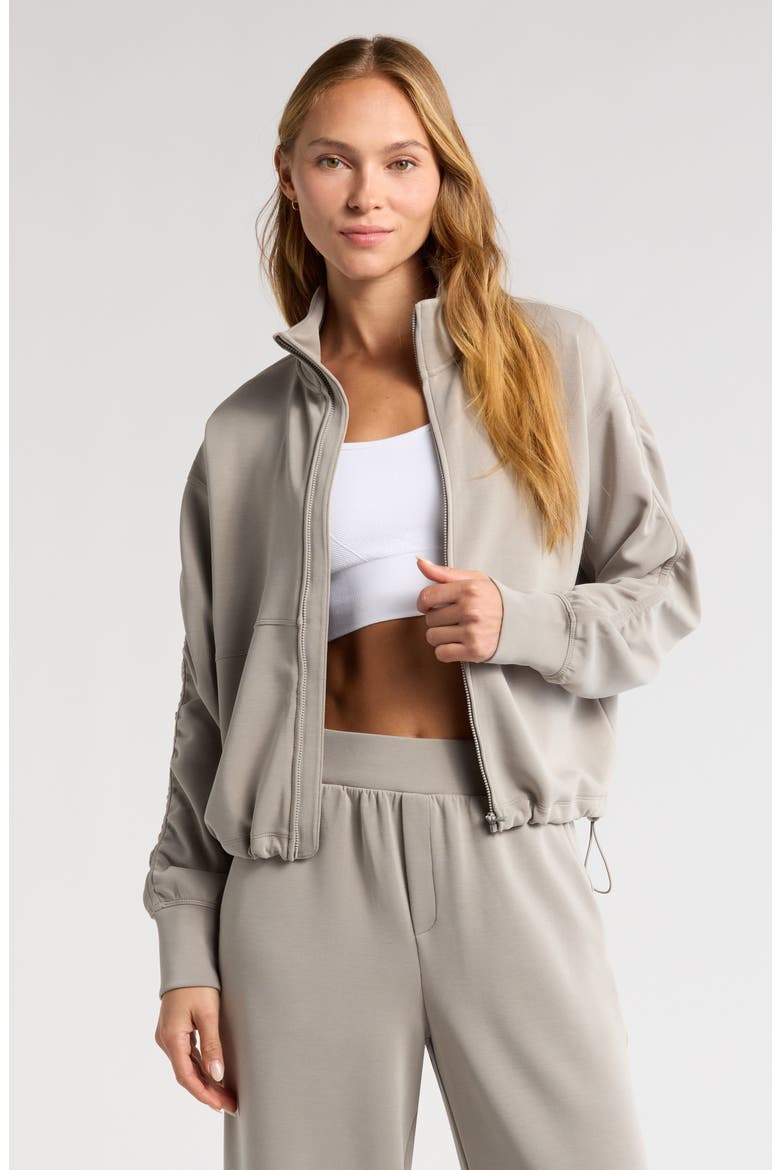 Soft Luxe Ruched Sleeve Zip Jacket, Main, color, GREY MOONBEAM