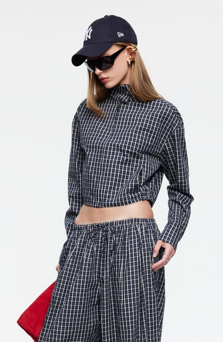 LIONESS Aura Plaid Cotton Crop Jacket, Alternate, color, Navy Lemon Plaid