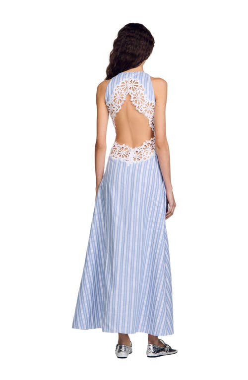 Sandro Womens Bleus Stripe-print Cut-out Lace Cotton And Linen-blend Midi Dress In Blue