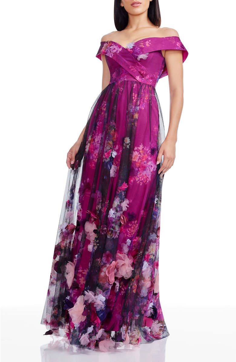 Dress the Population Aurea Floral Print Off the Shoulder Gown, Alternate, color, Dark Magenta Multi