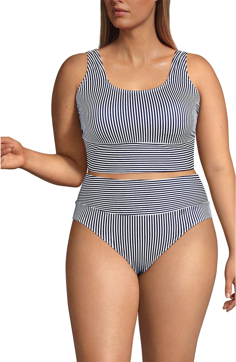 Lands' End Tugless Tankini Top and High Waisted Bottom Swimsuit Set, Alternate, color, Deep Sea Navy Mini Stripe