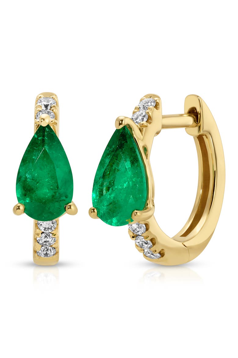 18k Gold Diamond & Emerald Huggie Hoop Earrings, Main, color, 18K YELLOW GOLD