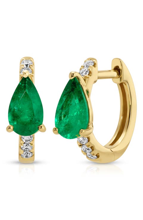 18k Gold Diamond & Emerald Huggie Hoop Earrings