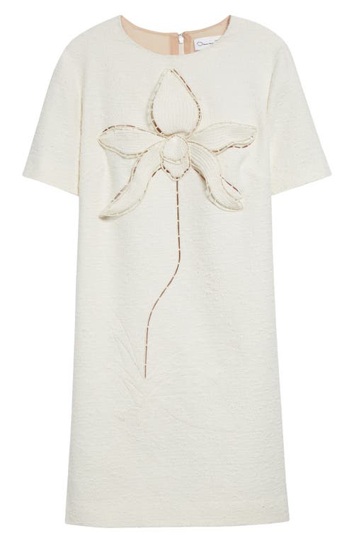 Oscar De La Renta Short Sleeve Floral Embroidered Cotton Tweed Shift Dress In Ivory
