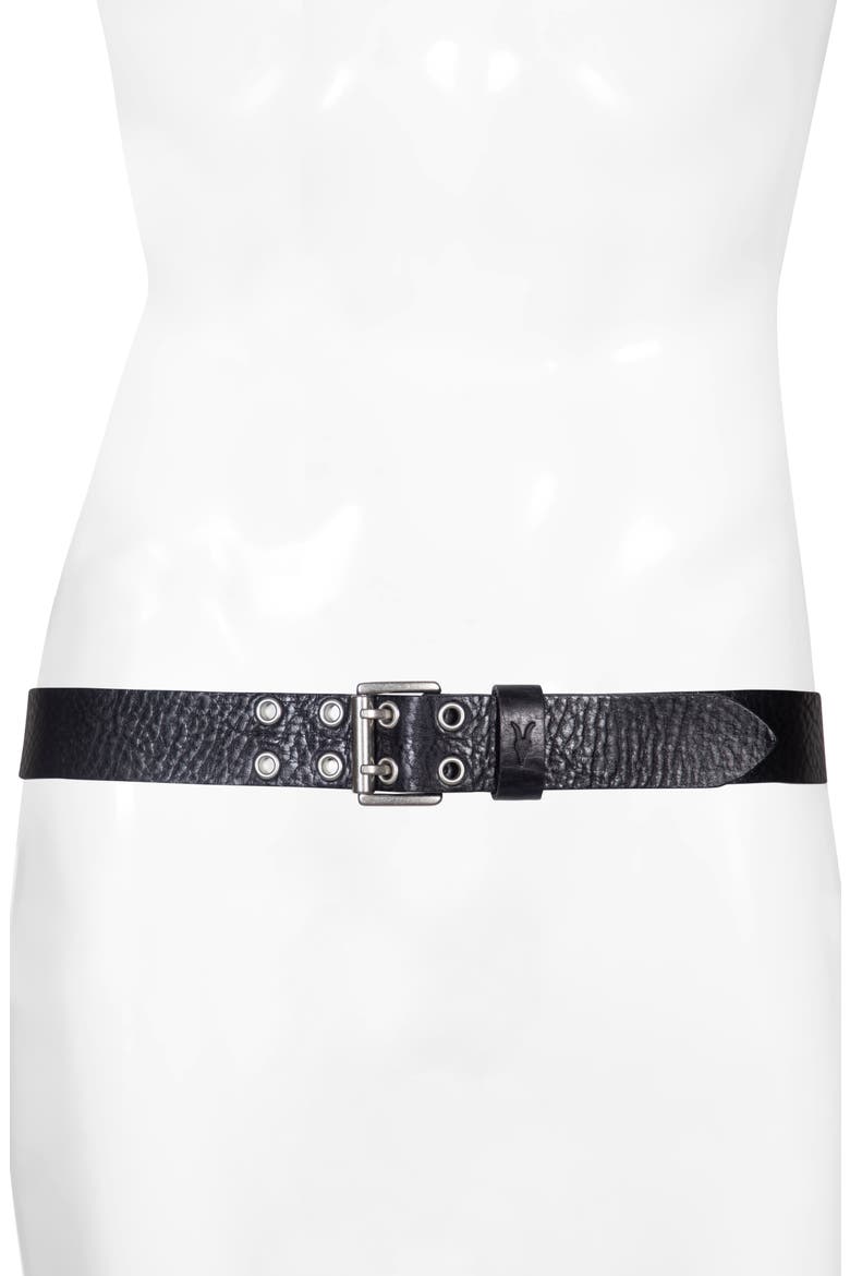 Eyelet Distressed Leather Belt, Alternate, color, BLACK