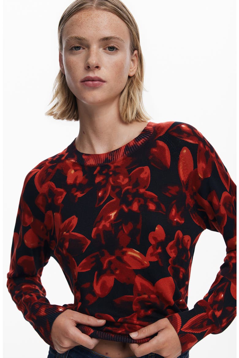Floral Crewneck Sweater, Alternate, color, BLACK