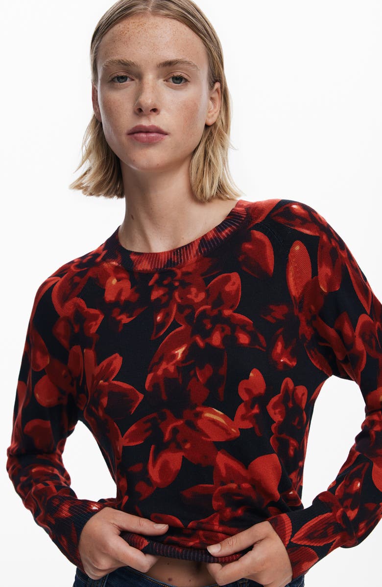 Desigual Floral Crewneck Sweater, Alternate, color, Black
