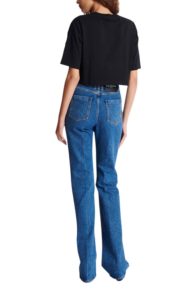 Boxy Cropped T-Shirt with Balmain Print, Alternate, color, black