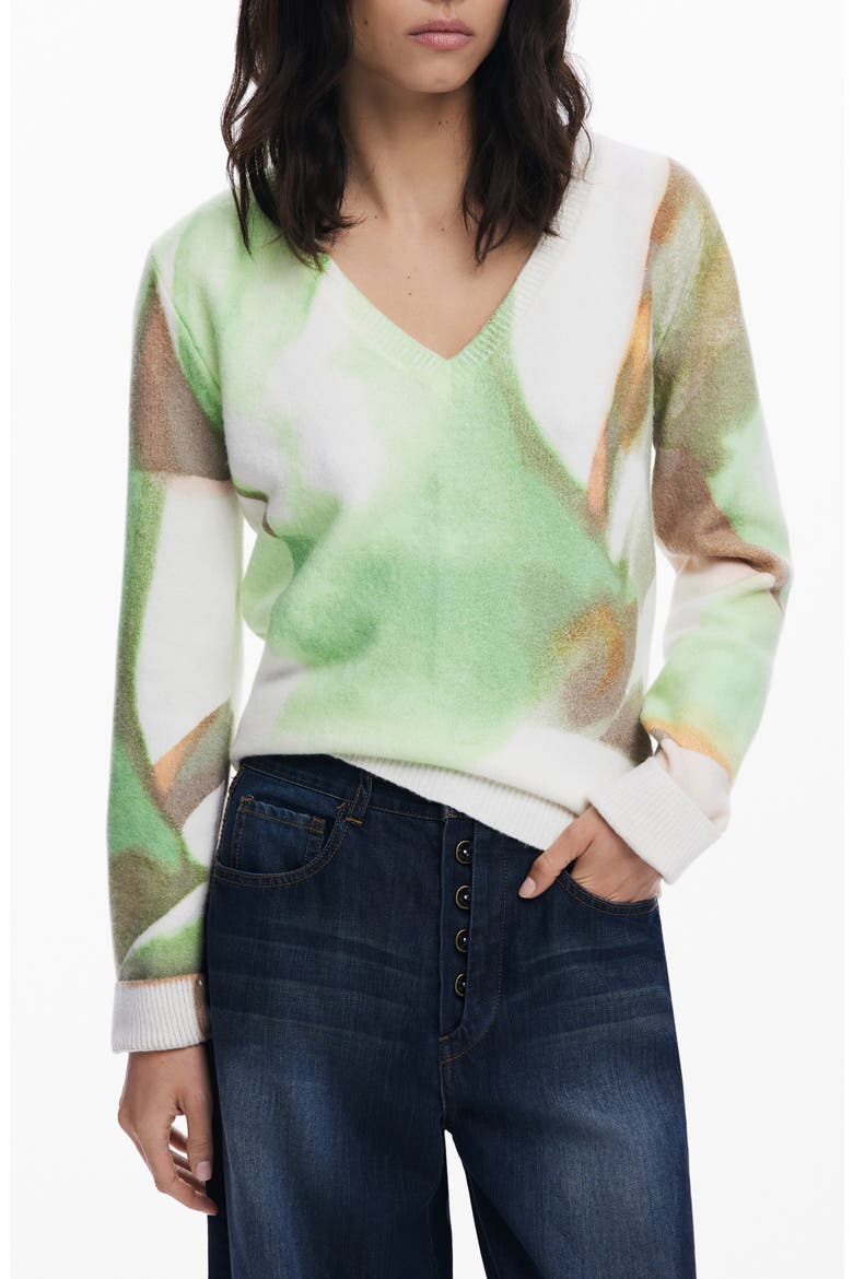 Abstract Print V-Neck Sweater, Main, color, LIGHT GREEN