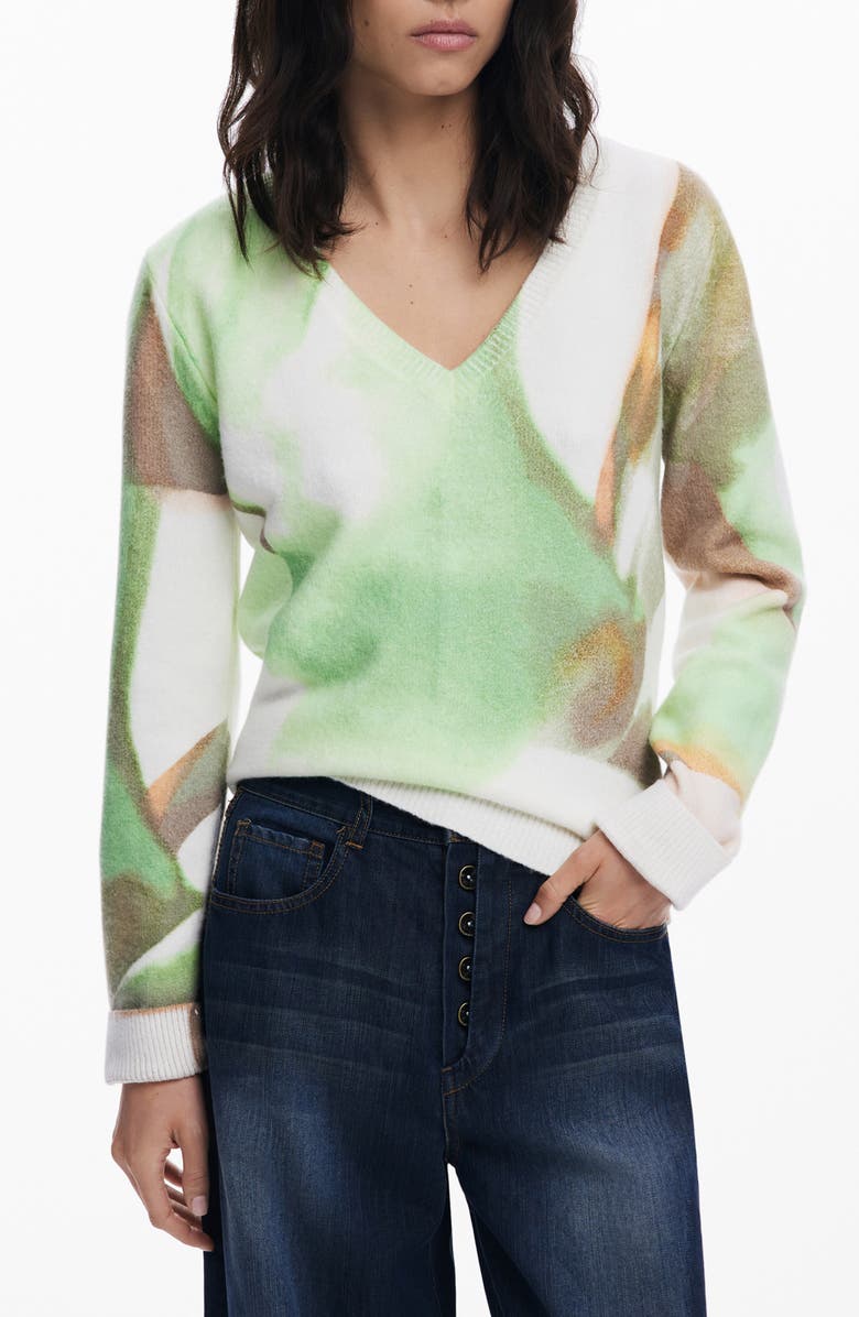 Desigual Abstract Print V-Neck Sweater, Main, color, Light Green