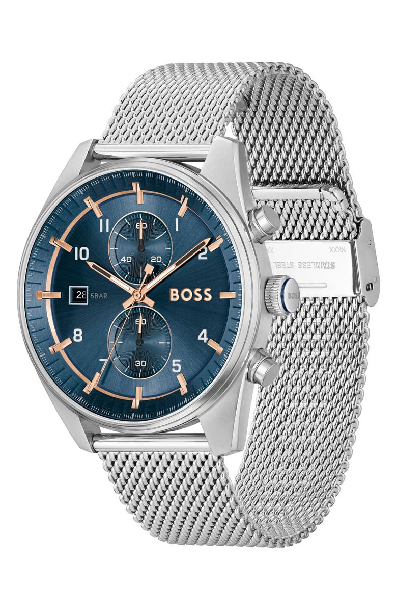 BOSS Skytraveller Chronograph Mesh Strap Watch, 44mm, Alternate, color, 