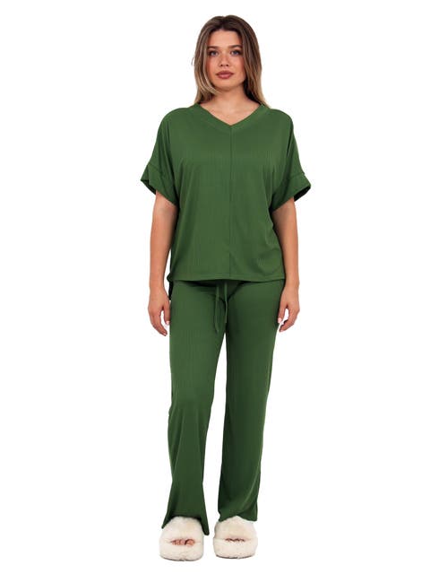 Womens Basic Ribbed Knit Dolman Sleeve V-Neck Top and Drawstring Wide Leg Pant Set