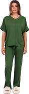 24seven Comfort Apparel Womens Basic Ribbed Knit Dolman Sleeve V-Neck Top and Drawstring Wide Leg Pant Set