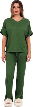 24seven Comfort Apparel Womens Basic Ribbed Knit Dolman Sleeve V-Neck Top and Drawstring Wide Leg Pant Set