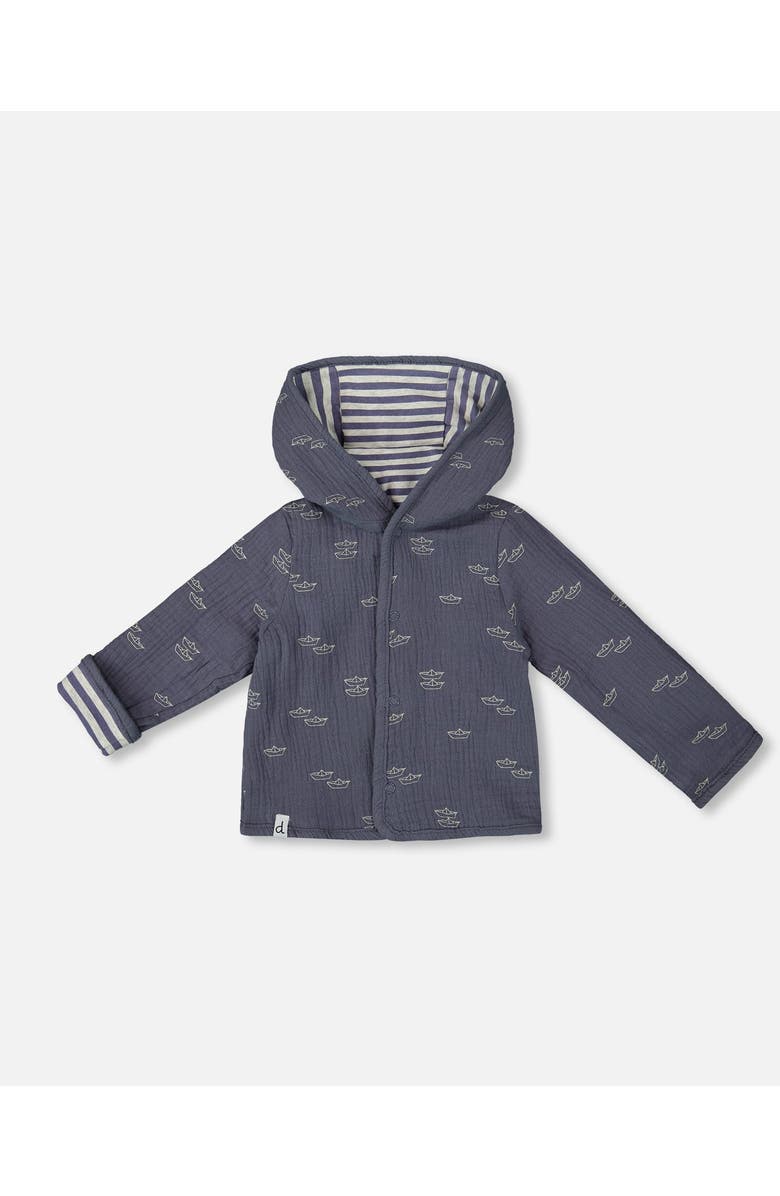 Deux par Deux Baby Boy's Reversible Organic Cotton Hooded Jacket Navy Striped Blue, Main, color, 