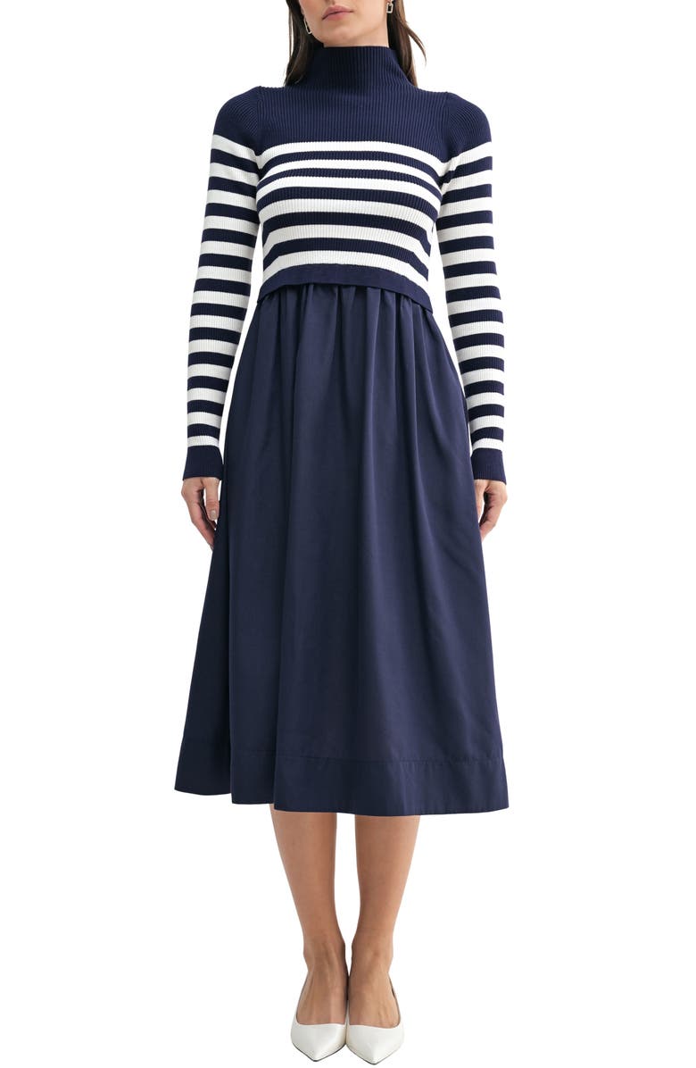 Mila Mae Long Sleeve Funnel Neck A-Line Dress, Main, color, Navy-Ivory