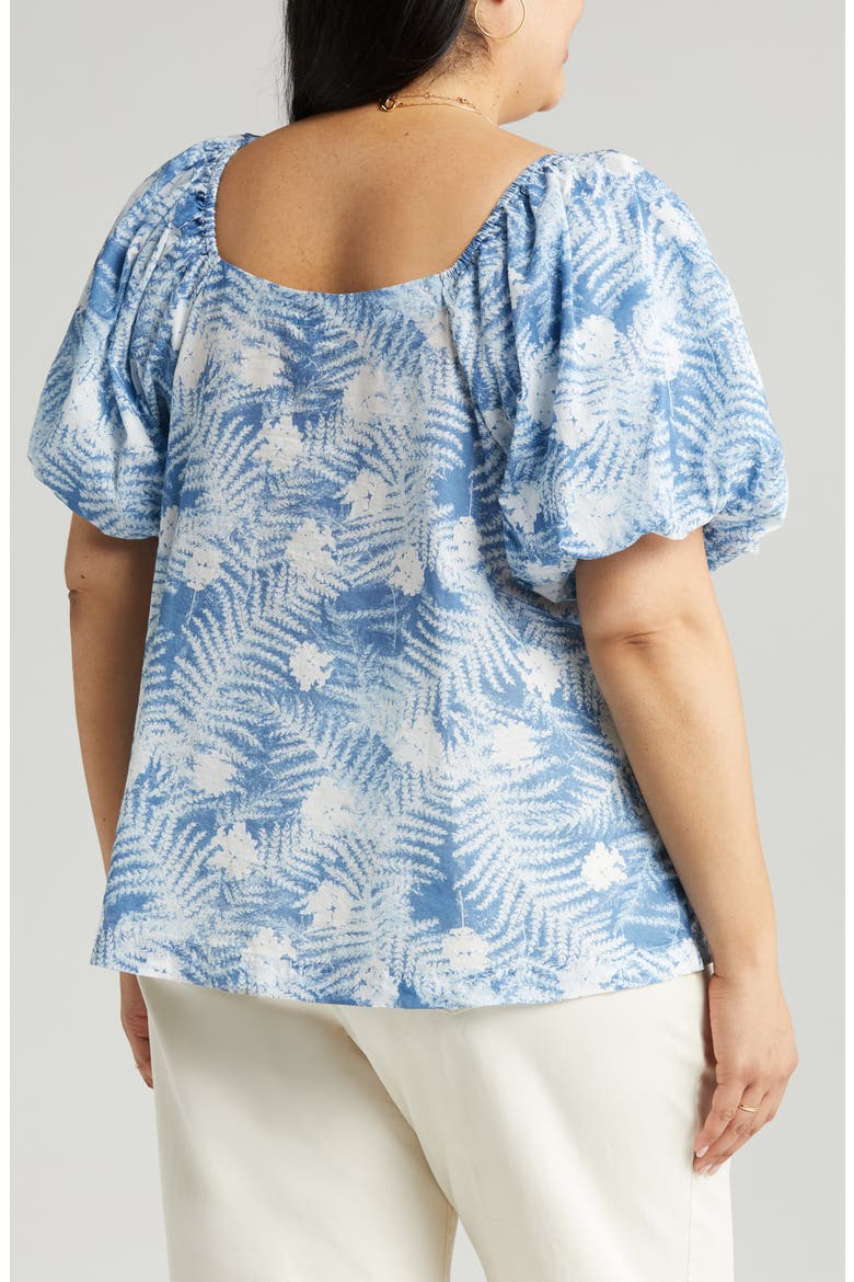 Puff Sleeve Front Button Organic Cotton Top, Alternate, color, BLUE MOONLIGHT FLORAL FERNS