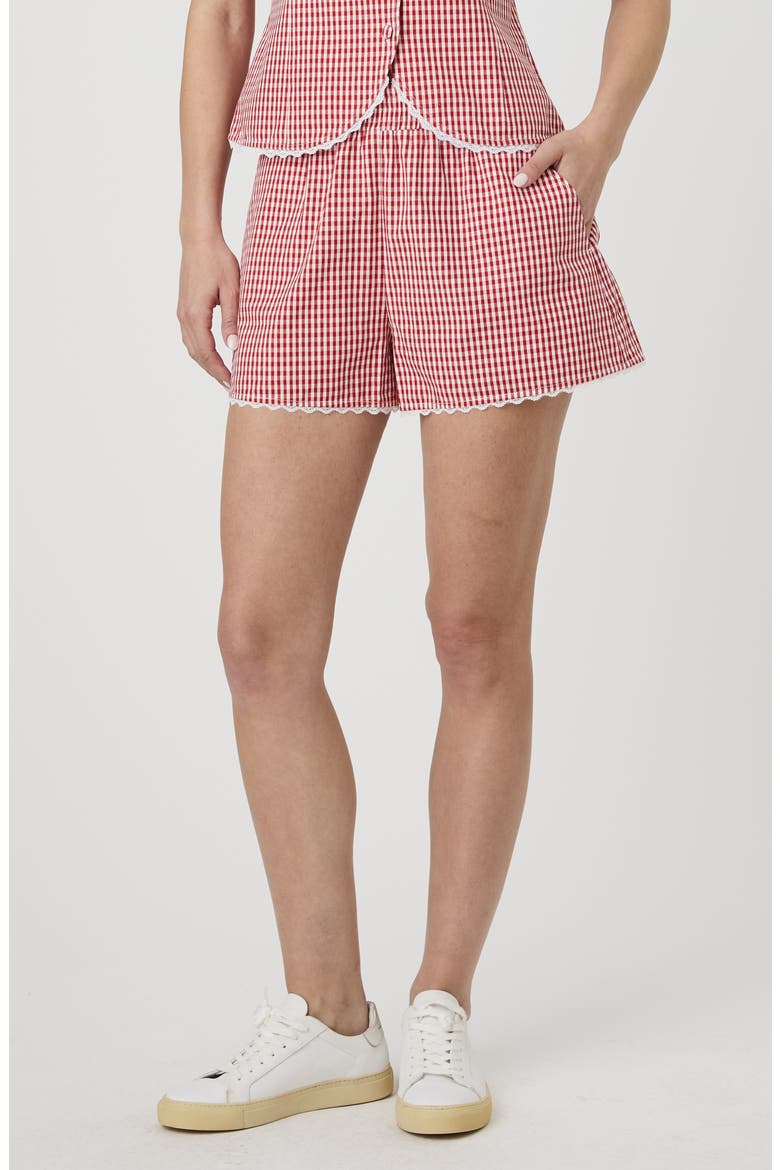 Gingham Lace Trim Shorts, Main, color, STRAWBERRY/ WHITE GINGHAM