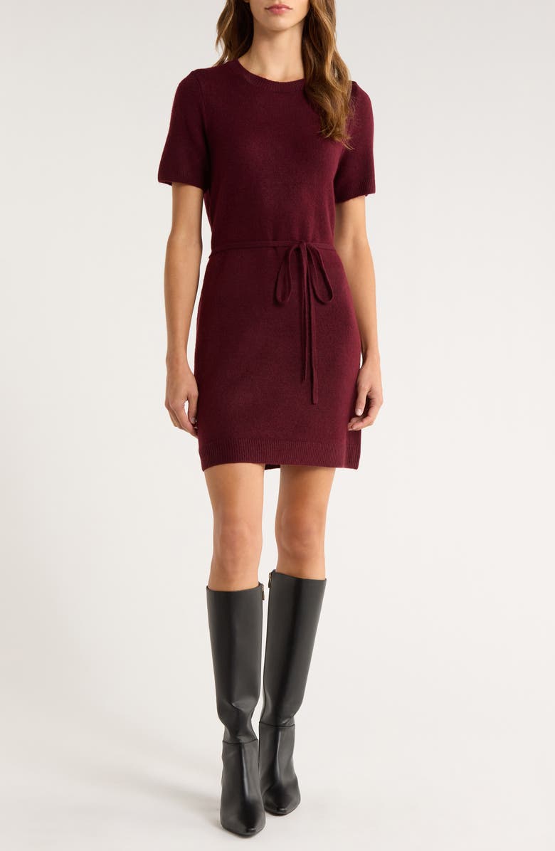 Halogen<sup>®</sup> Short Sleeve Tie Waist Sweater Dress, Main, color, Wine