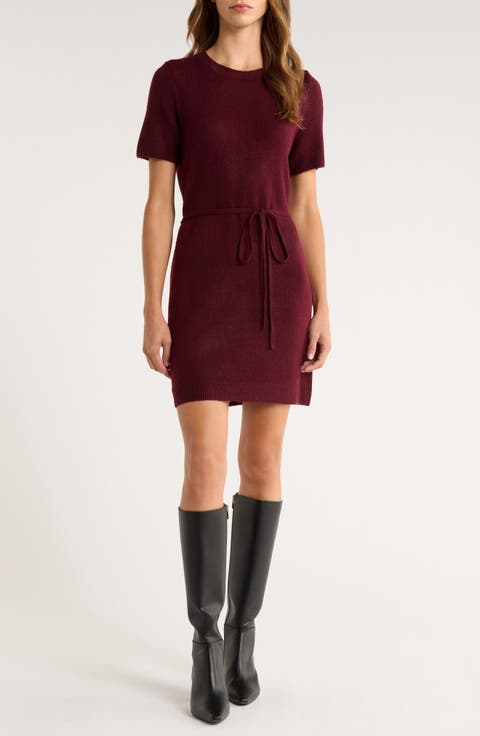 Short Sleeve Tie Waist Sweater Dress