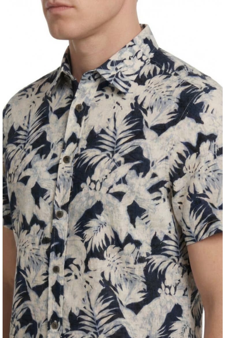 Tropical Print Short Sleeve Linen & Cotton Button-Up Shirt, Alternate, color, NAVY