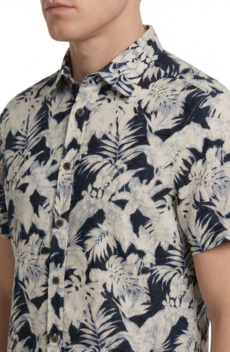 Report Collection Tropical Print Short Sleeve Linen & Cotton Button-Up Shirt, Alternate, color, Navy