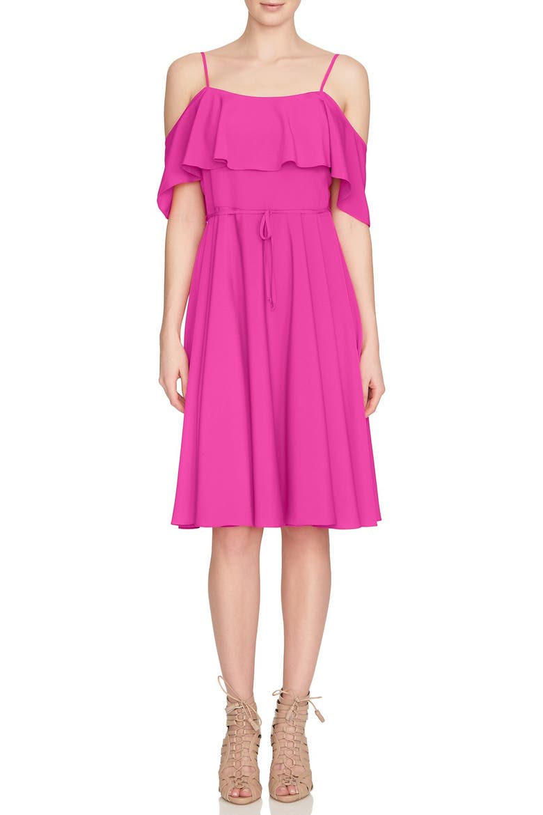 'Jackie' Cold Shoulder Fit & Flare Dress, Main, color, HOT PLUM