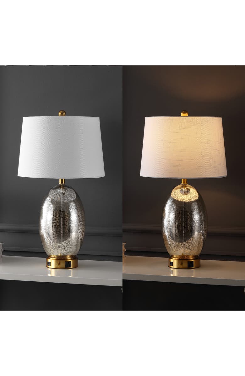 JONATHAN Y Reese 26.5" 1-Outlet Contemporary Style Iron/Glass LED Table Lamp with USB Charging Port, Alternate, color, Silver/Brass Gold