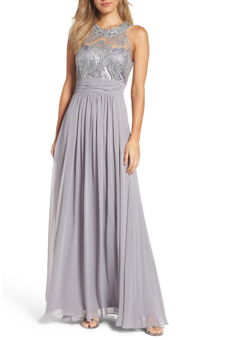 Lace Bodice Gown, Main, color, SILVER