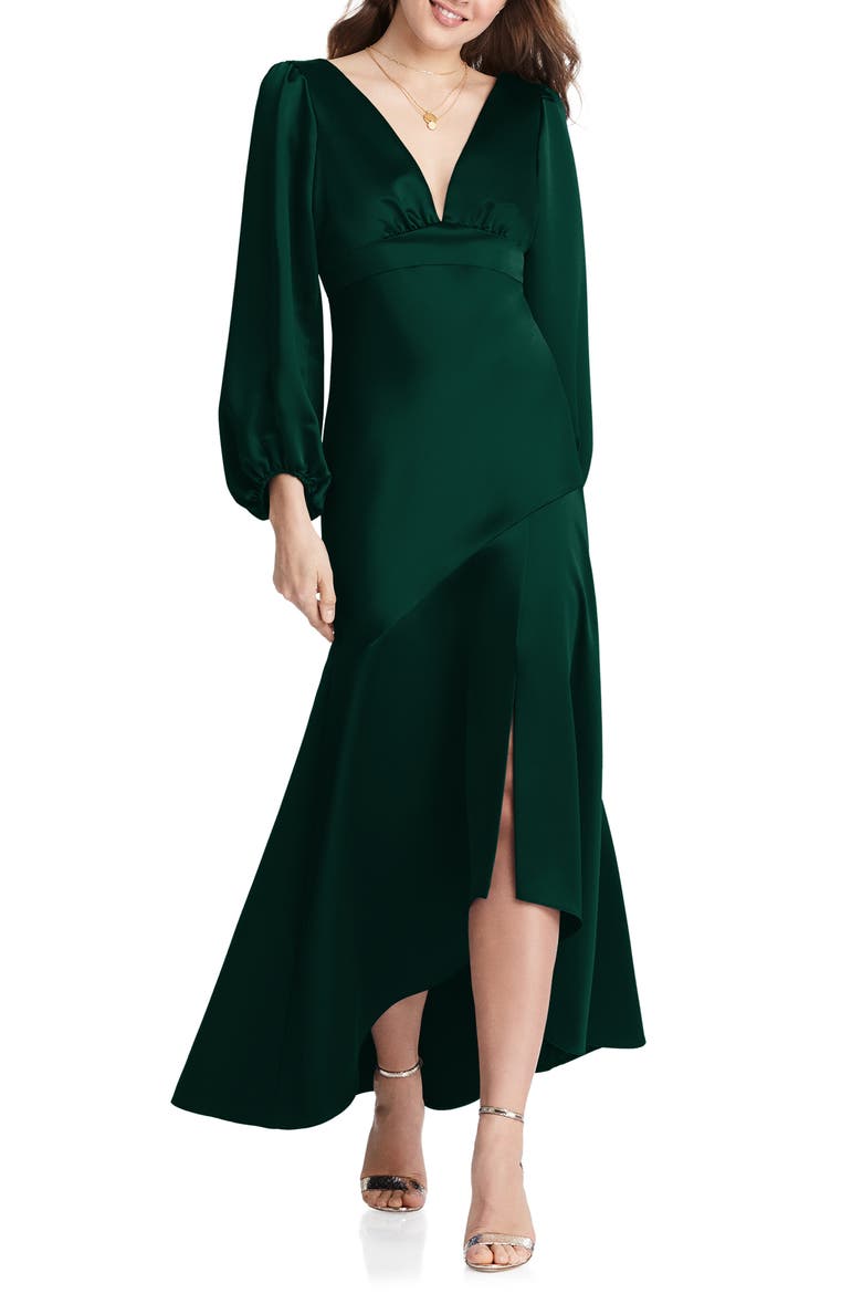 Teagan Long Sleeve Charmeuse High/Low Dress, Main, color, EVERGREEN