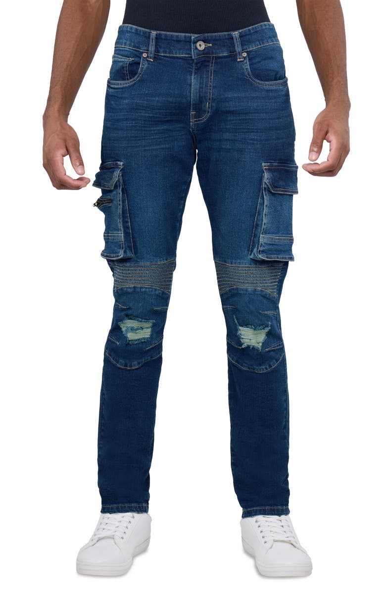 XRAY Slim Fit Rip & Repair Moto Cargo Jeans, Main, color, 
