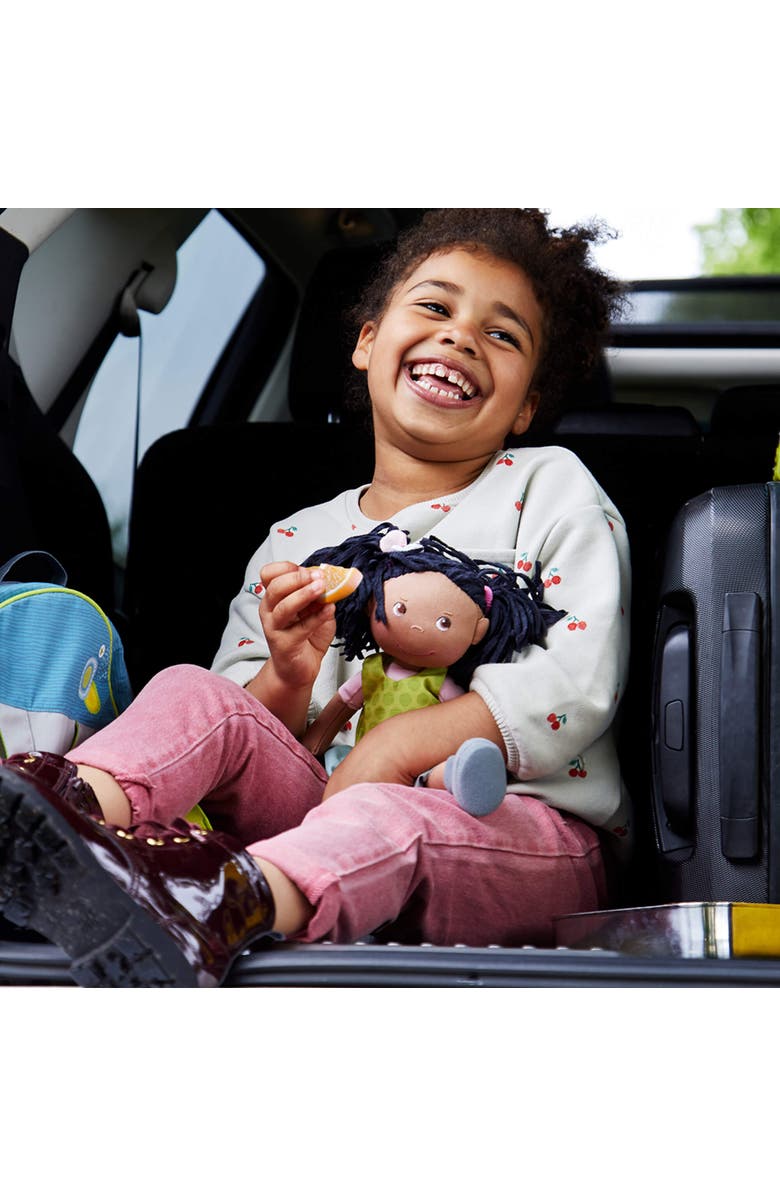 HABA Cari 12" Black Baby Doll with Black Pigtails, Embroidered Face, Removable Green Dress, Machine Washable Soft Baby Doll - 18 Months+, Alternate, color, Green Multi