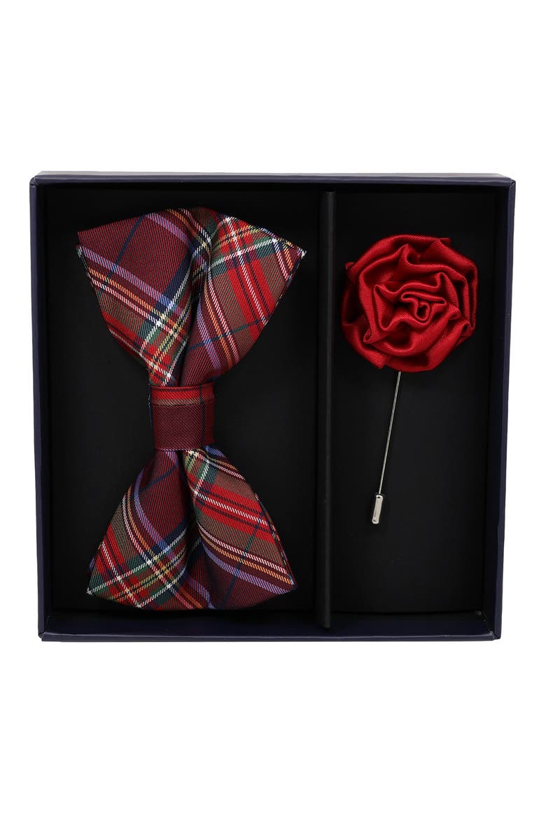 Tartan Plaid Bow Tie & Lapel Pin Set, Main, color, RED