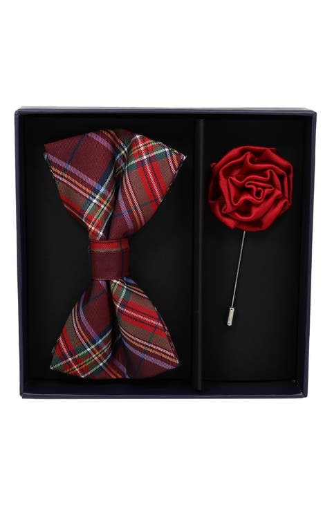 Tartan Plaid Bow Tie & Lapel Pin Set