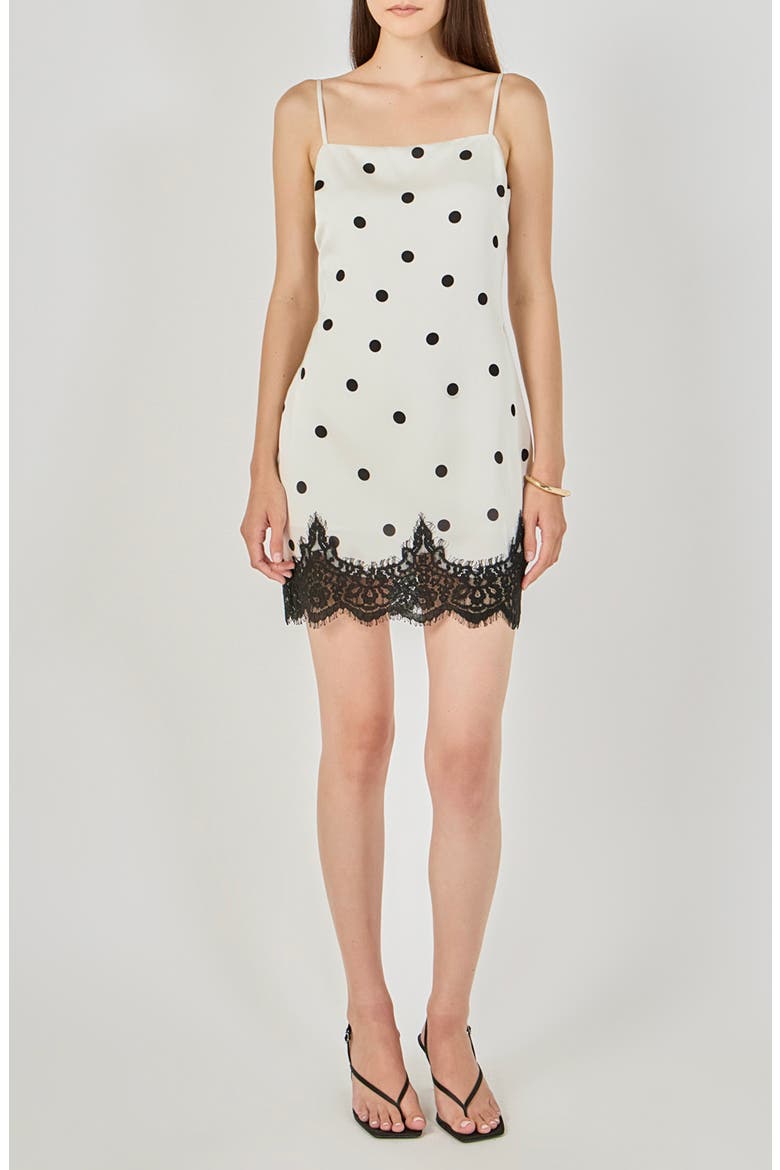Lace Polka Dot Slip Minidress, Main, color, CREAM/ BLACK