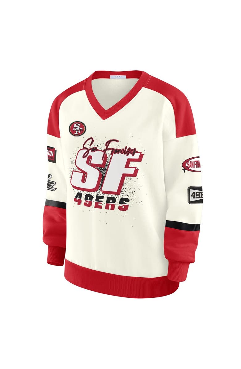 WEAR by Erin Andrews Women's WEAR by Erin Andrews Cream San Francisco 49ers Racing Crew V-Neck Sweatshirt, Alternate, color, Cream