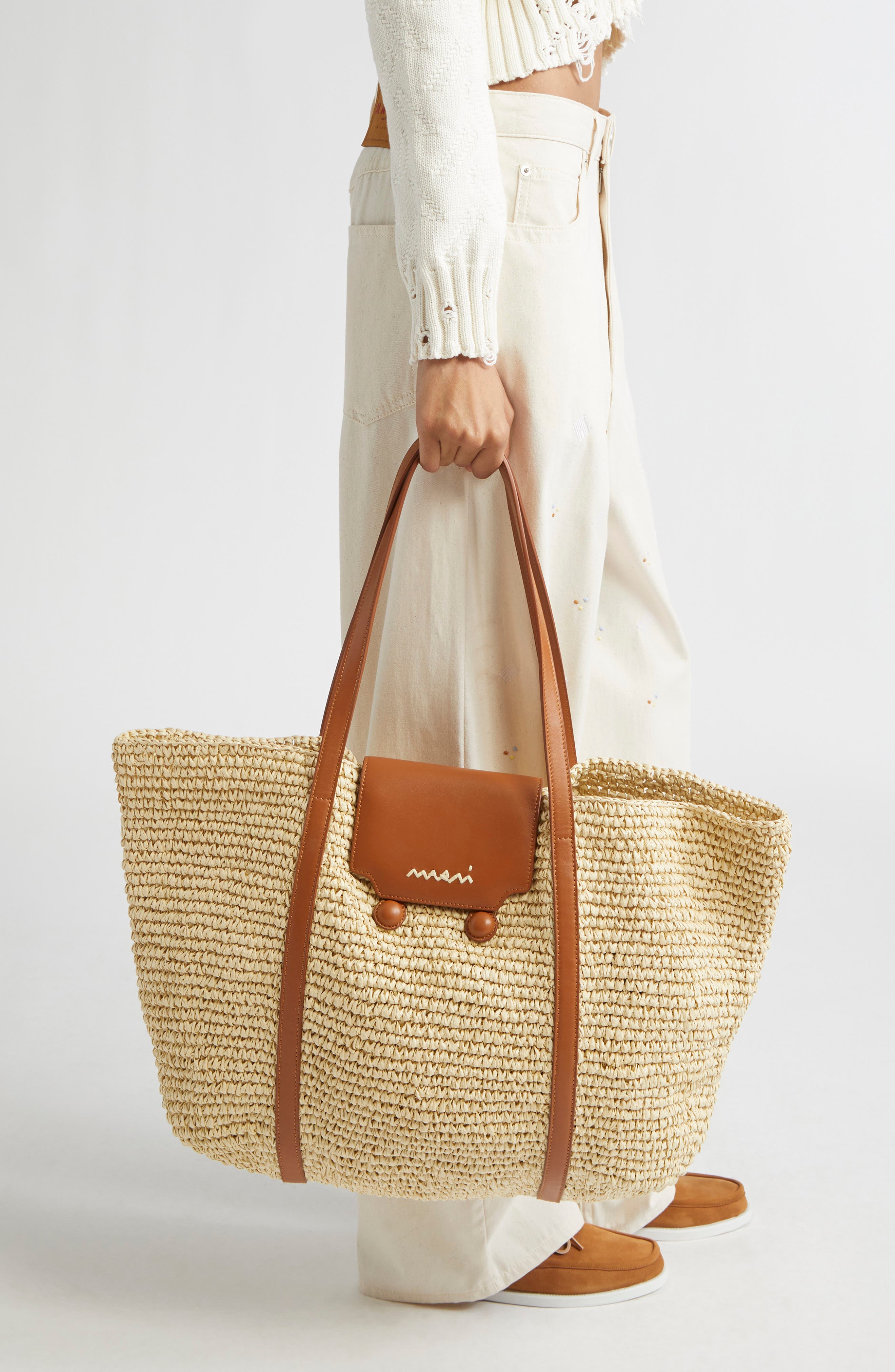 Marni Medium Trunkaroo Woven Tote, Alternate, color, Natural