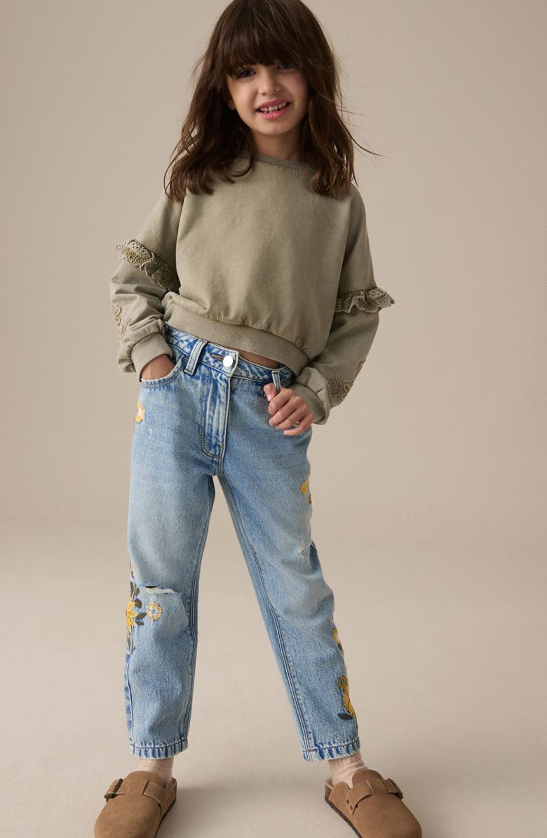 NEXT Kids' Sunflower Embroidered Straight Leg Jeans, Alternate, color, Blue