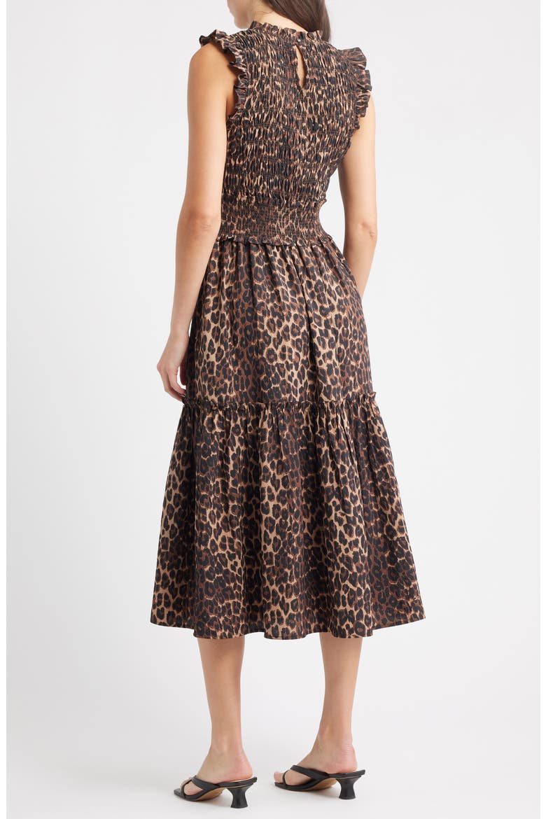 Vivier Leopard Print Smocked Midi Dress, Alternate, color, BROWN NALA