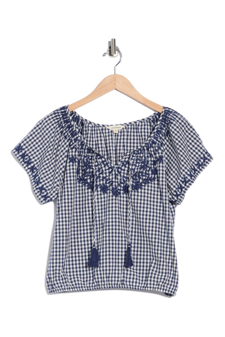 Gingham Short Sleeve Cotton Top, Alternate, color, NAVY GINGHAM